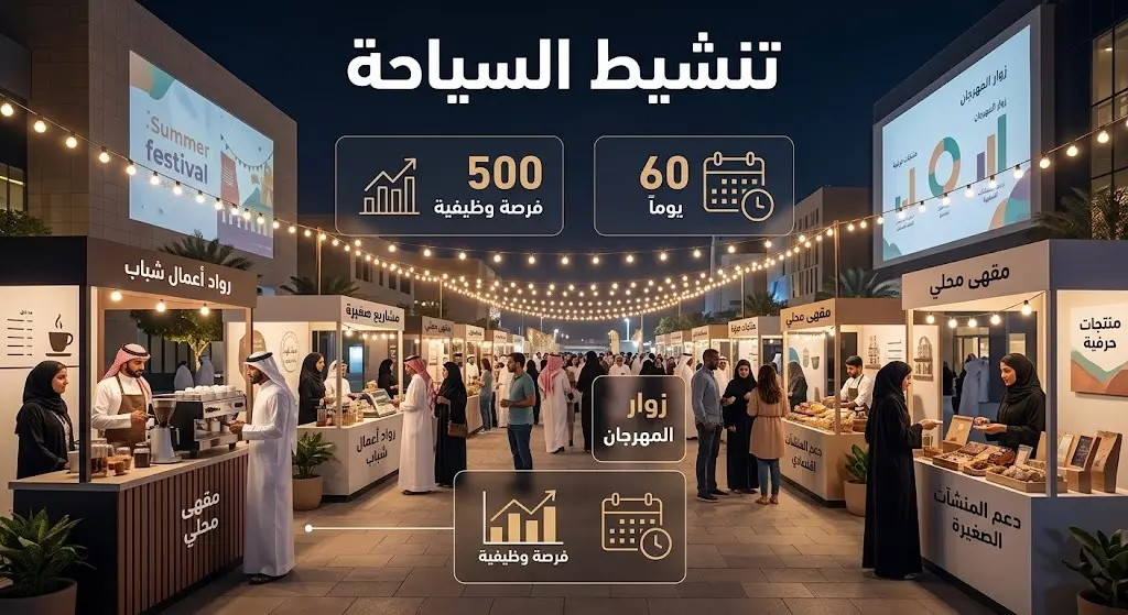 تصميم بصري مدمج يبرز حيوية مشاريع الشباب ورواد الأعمال مع إحصائيات توضح توفير 500 فرصة وظيفية على مدار 60 يوماً.
