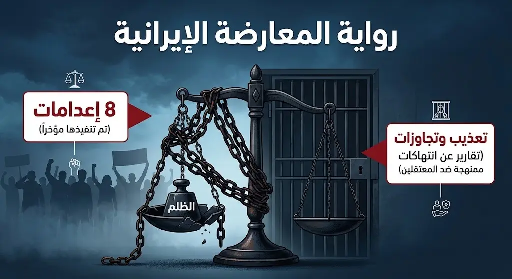 تصميم تعبيري يجسد رواية المعارضة الإيرانية حول الانتهاكات وحالات الإعدام في السجون