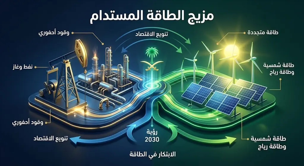 تصميم بياني يوضح ريادة المملكة العربية السعودية في الجمع بين مصادر الطاقة المتجددة والوقود الأحفوري ضمن مزيج طاقة مستدام.