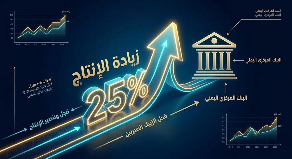 إنفوجرافيك مالي يوضح خطة زيادة إنتاج النفط بنسبة 25% وتوجيه الإيرادات إلى البنك المركزي اليمني.