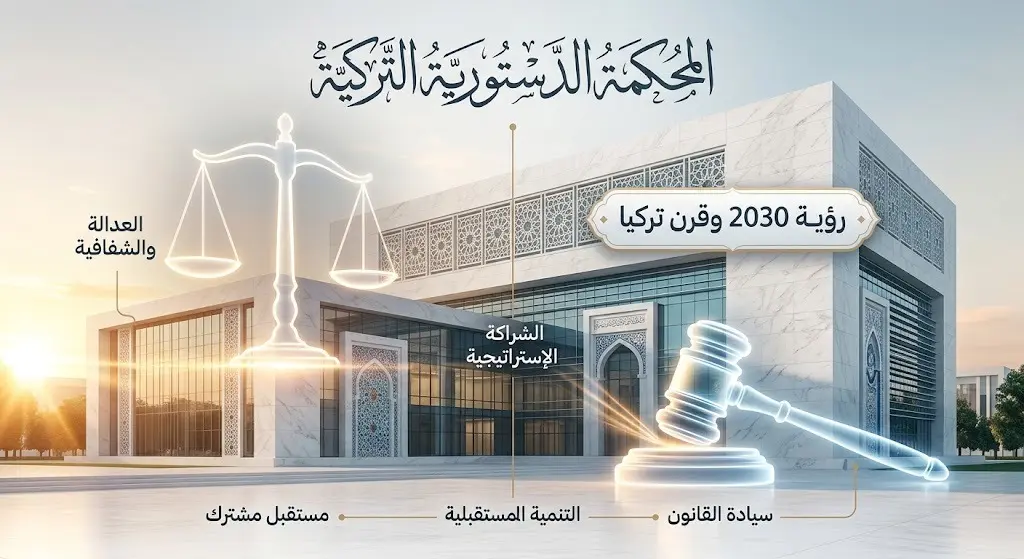 تصميم تعبيري يدمج رموز العدالة الحديثة مع الإشارة لزيارة المحكمة الدستورية التركية وتوافق الرؤى الإستراتيجية.