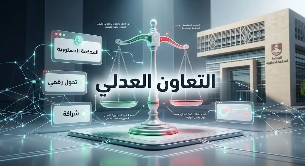 تصميم إنفوجرافيك احترافي يدمج بين ميزان العدالة وعناصر التحول الرقمي، ويوضح مسارات التعاون العدلي وزيارة المحكمة الدستورية التركية