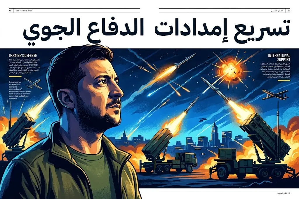 تصميم تعبيري يظهر الرئيس الأوكراني زيلينسكي أمام مشهد لاعتراض صواريخ في السماء، مع عنوان يطالب بتسريع إمدادات الدفاع الجوي.