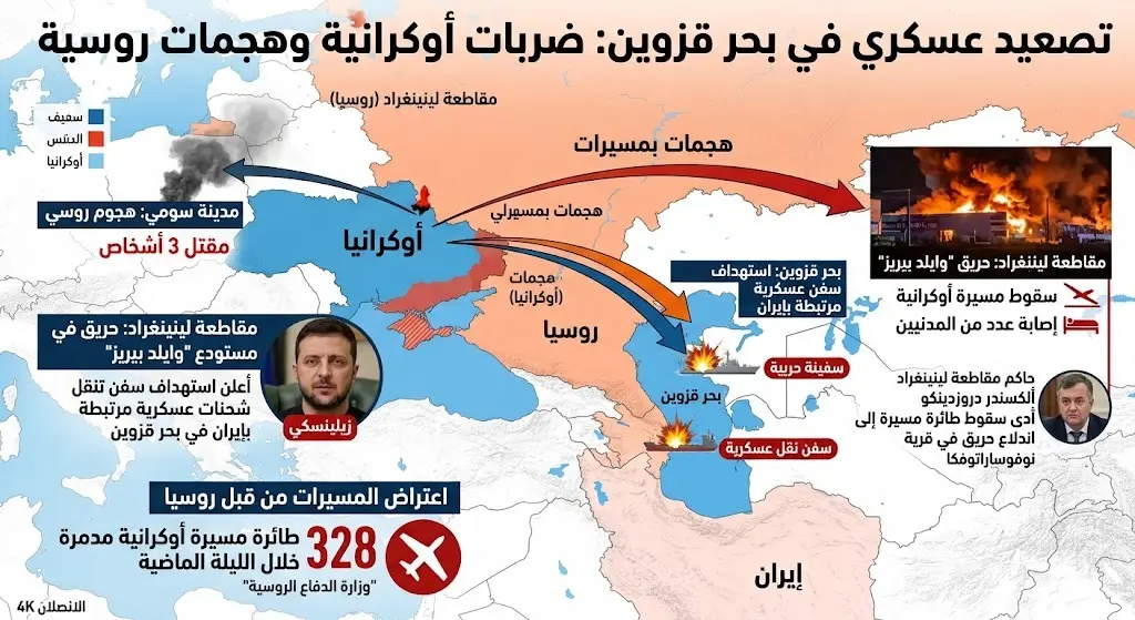 زيلينسكي يعلن استهداف سفينة حربية وسفن نقل عسكرية مرتبطة بإيران في بحر قزوين وروسيا ترد
