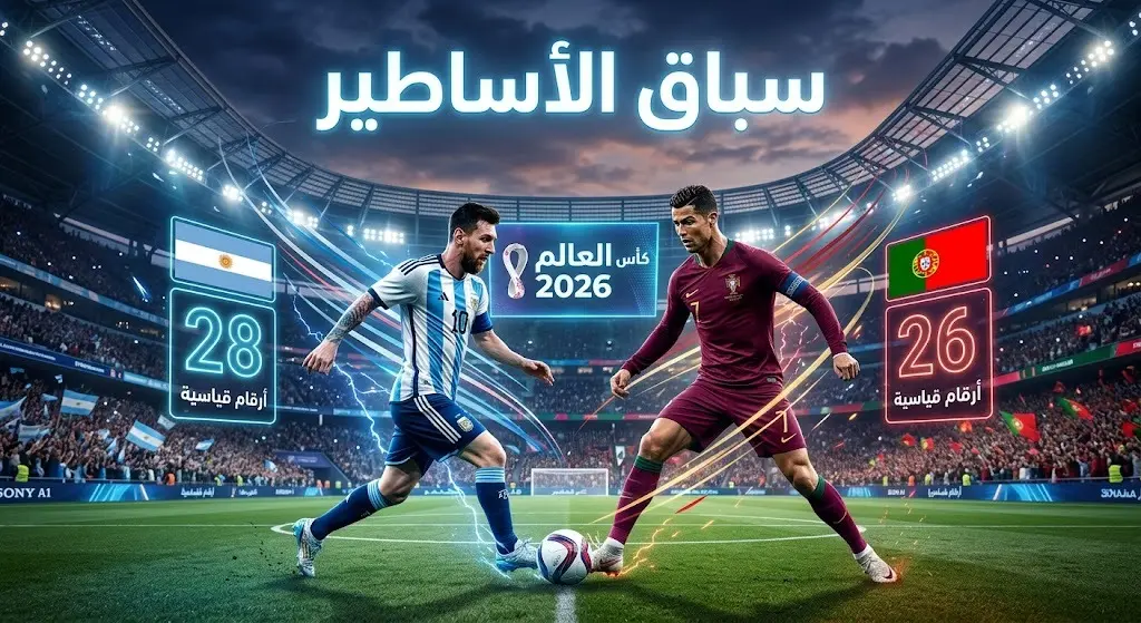 تصميم فني يجسد التنافس التاريخي والمستمر بين ليونيل ميسي وكريستيانو رونالدو لكسر الأرقام القياسية في مونديال 2026