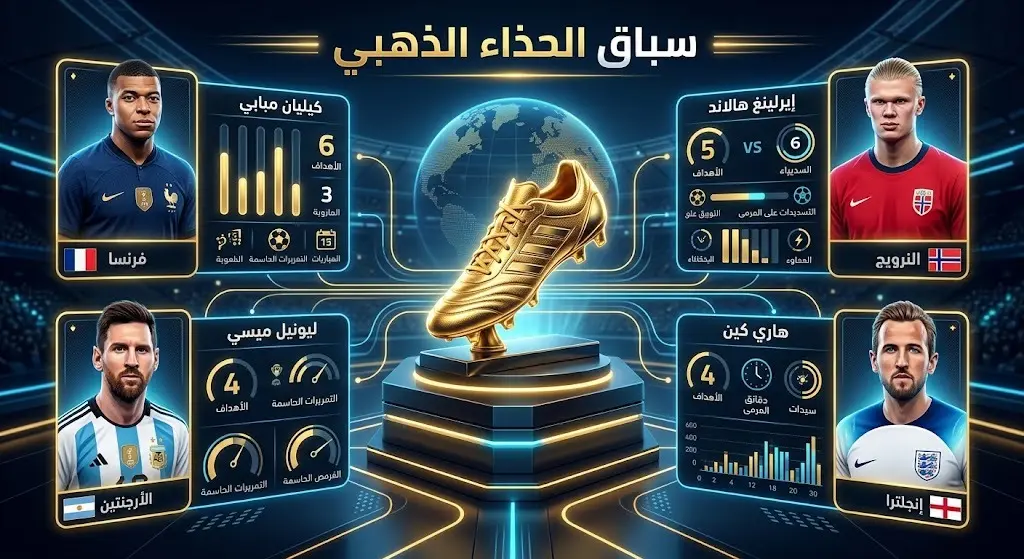 إنفوجرافيك يستعرض المنافسة المشتعلة على جائزة الحذاء الذهبي بين هاري كين، هالاند، ميسي، ومبابي.