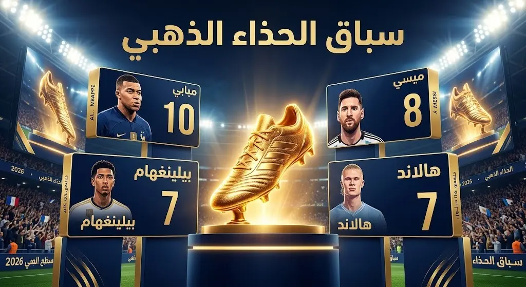 إنفوجرافيك يوضح ترتيب هدافي كأس العالم 2026 وتصدر كيليان مبابي لسباق الحذاء الذهبي.