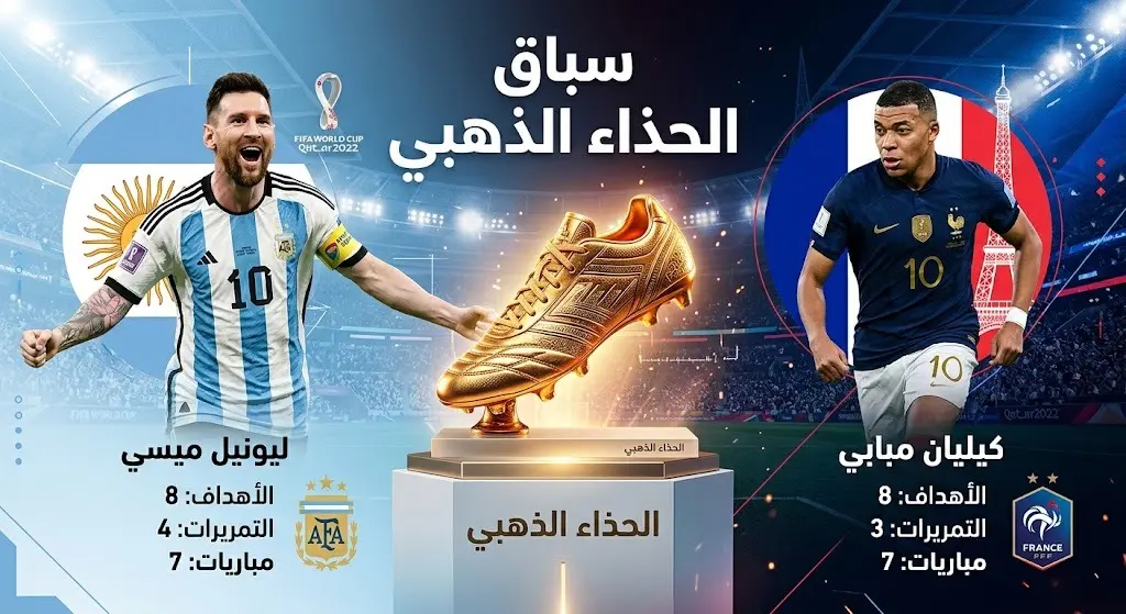 إنفوجرافيك يقارن بين أرقام ليونيل ميسي وكيليان مبابي في سباق الحذاء الذهبي لبطولة كأس العالم 2026.