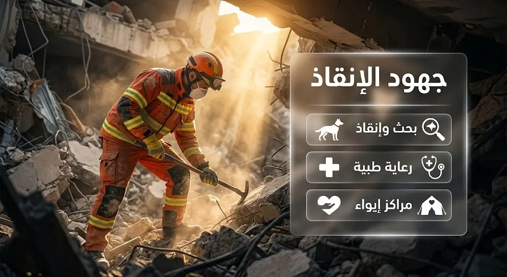 تصميم يدمج بين مشهد لعمليات الإنقاذ تحت الأنقاض وبطاقات معلومات توضح الجهود الميدانية كالبحث والرعاية والإيواء.