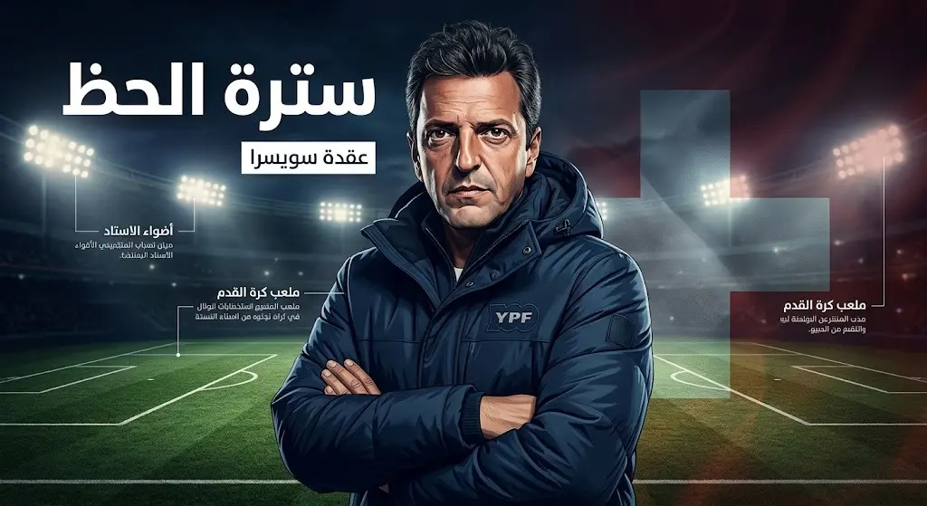 رسم تعبيري للرئيس الأرجنتيني مرتدياً سترته الشتوية كتميمة حظ، مع خلفية تدمج عناصر ملعب كرة قدم وعلم سويسرا.