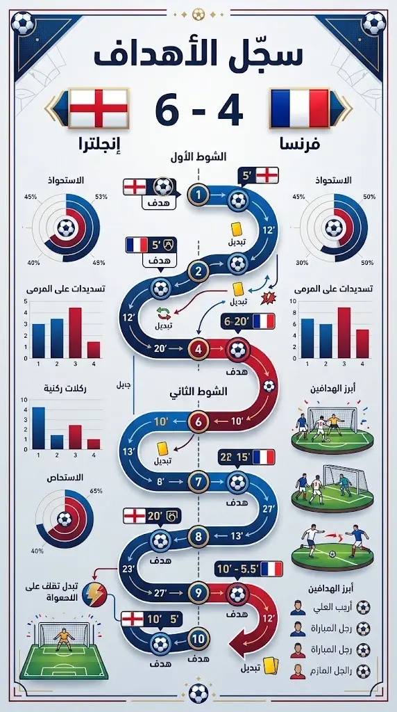 تصميم معلوماتي يعرض السجل التهديفي وتسلسل الأهداف العشرة في مباراة إنجلترا وفرنسا التي انتهت بنتيجة 6-4 لصالح الإنجليز.