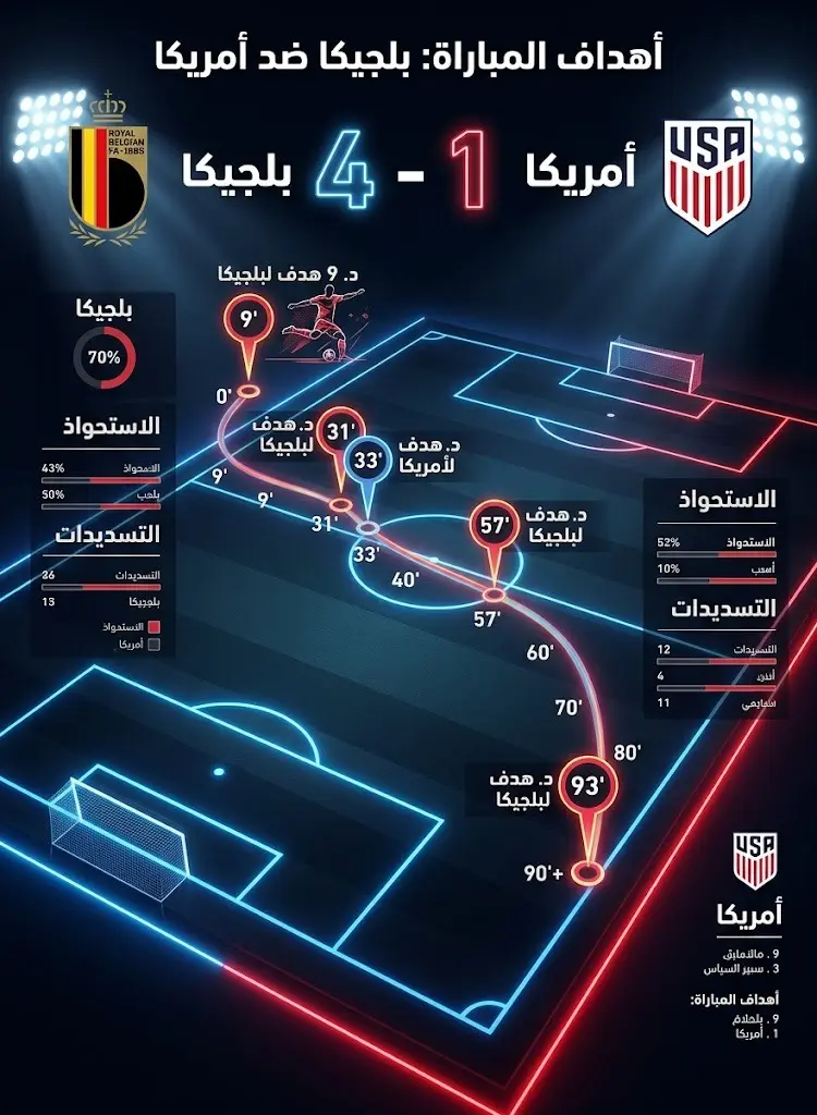 إنفوجرافيك زمني يوضح أهداف مباراة بلجيكا وأمريكا واللاعبين المسجلين في دور الستة عشر.