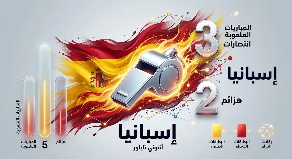 إنفوجرافيك يوضح سجل مباريات المنتخب الإسباني تحت قيادة الحكم الإنجليزي أنتوني تايلور