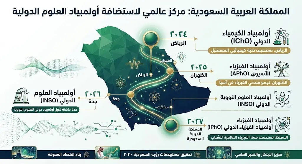 إنفوجرافيك زمني يوضح سجل استضافات المملكة للأولمبيادات العلمية الدولية في مجالات الكيمياء والفيزياء والعلوم النووية