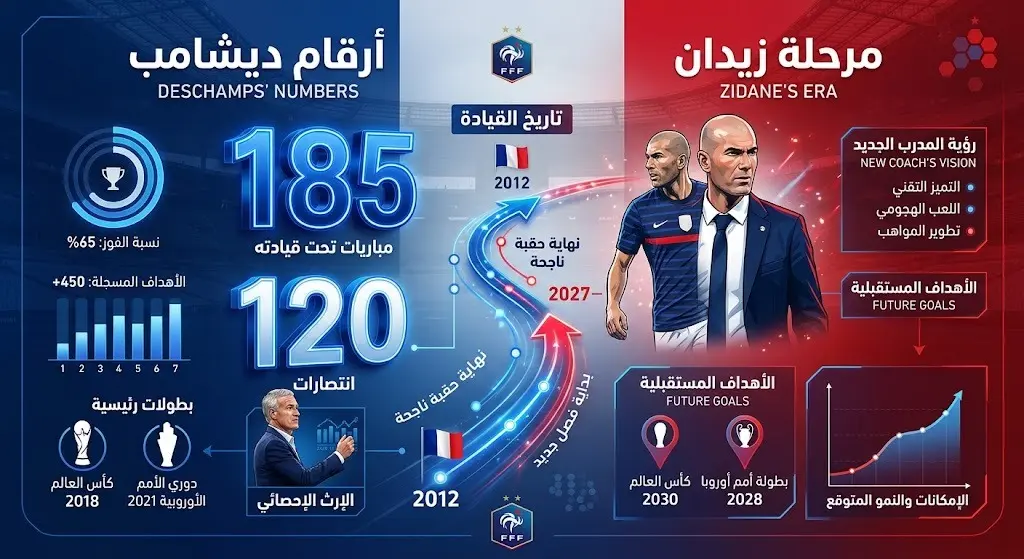 إنفوجرافيك يوضح أرقام ديشامب القياسية مع المنتخب الفرنسي وانتقال القيادة الفنية إلى زين الدين زيدان.