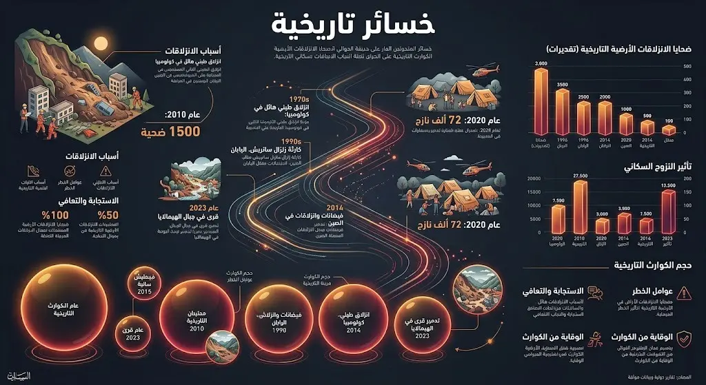 إنفوجرافيك صحفي احترافي يستعرض ويقارن بالأرقام والرسوم البيانية الخسائر البشرية والمادية للانهيارات الأرضية التاريخية في الصين لعامي 2010 و2020.