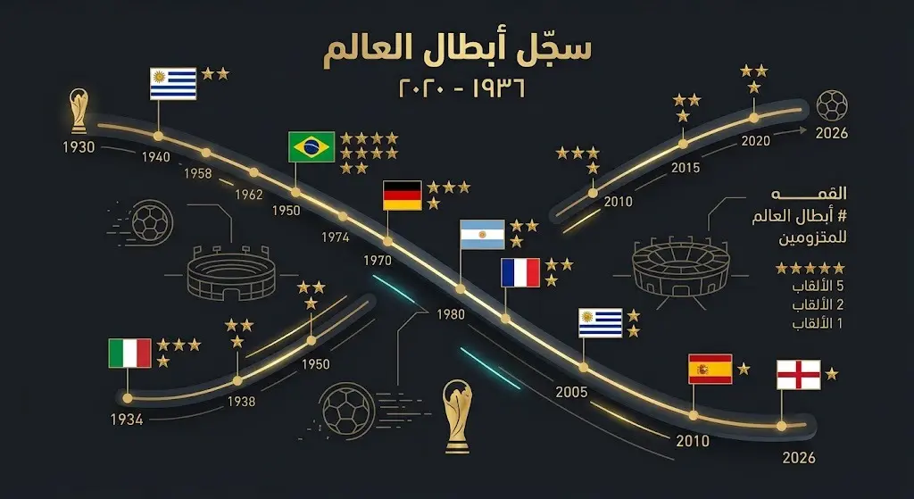 إنفوجرافيك استعراضي يوضح السجل التاريخي للمنتخبات الفائزة ببطولة كأس العالم منذ النسخة الأولى عام 1930 وحتى 2026.