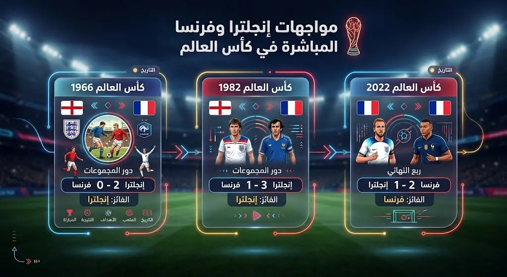 إنفوجرافيك يستعرض تاريخ مواجهات إنجلترا وفرنسا في بطولات كأس العالم ونتائج المباريات الثلاث السابقة بينهما.