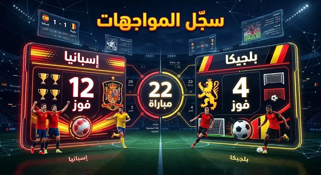 إنفوجرافيك يوضح سجل المواجهات المباشرة التاريخية بين إسبانيا وبلجيكا، يبرز التفوق الإسباني بـ 12 فوزاً مقابل 4 انتصارات لبلجيكا