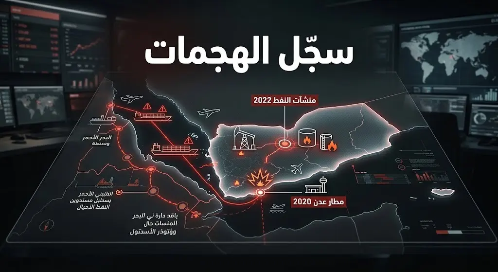 تصميم بصري وتسلسل زمني يستعرض أبرز الهجمات الحوثية على الأعيان المدنية والملاحة البحرية منذ عام 2020 وتداعياتها.