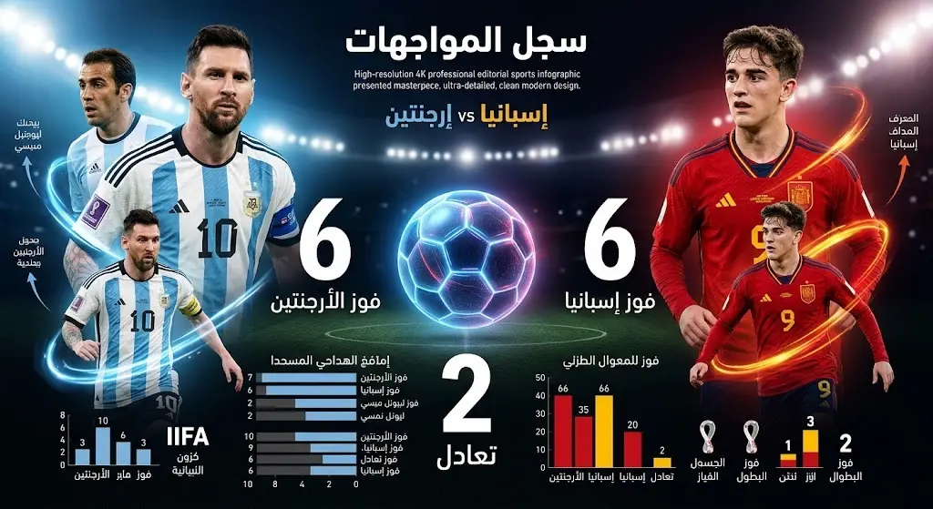إنفوجرافيك يوضح التكافؤ التام في تاريخ المواجهات المباشرة بين الأرجنتين وإسبانيا بـ 6 انتصارات لكل منهما.