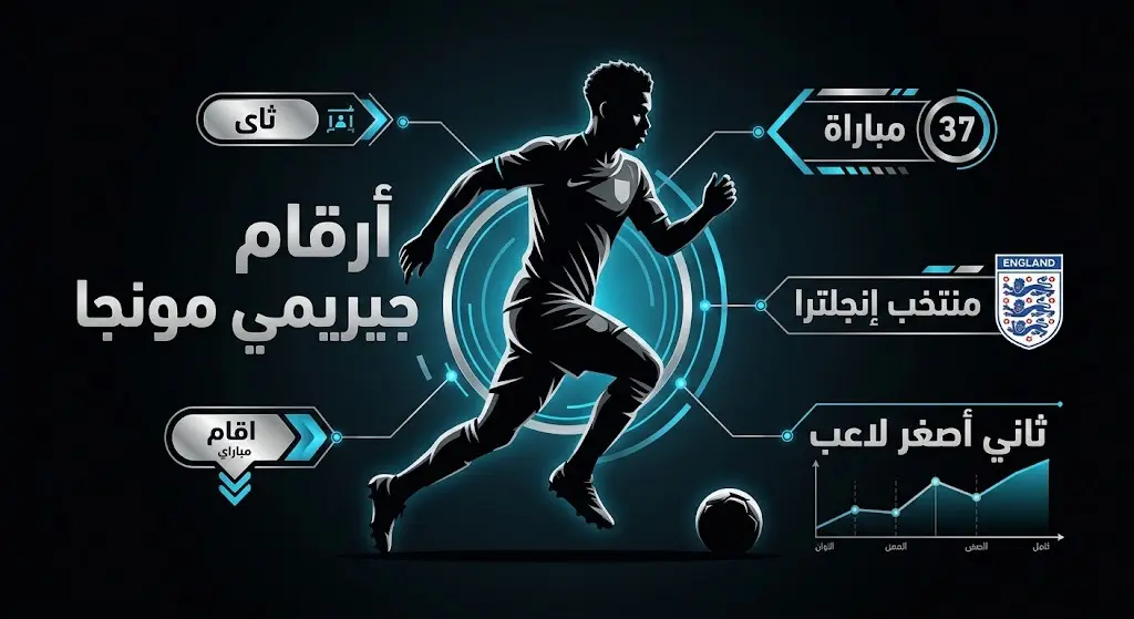 إنفوجرافيك رياضي يستعرض أرقام ومشاركات اللاعب الشاب جيريمي مونجا، بما في ذلك عدد مبارياته وتمثيله لمنتخب إنجلترا تحت 19 عاماً.