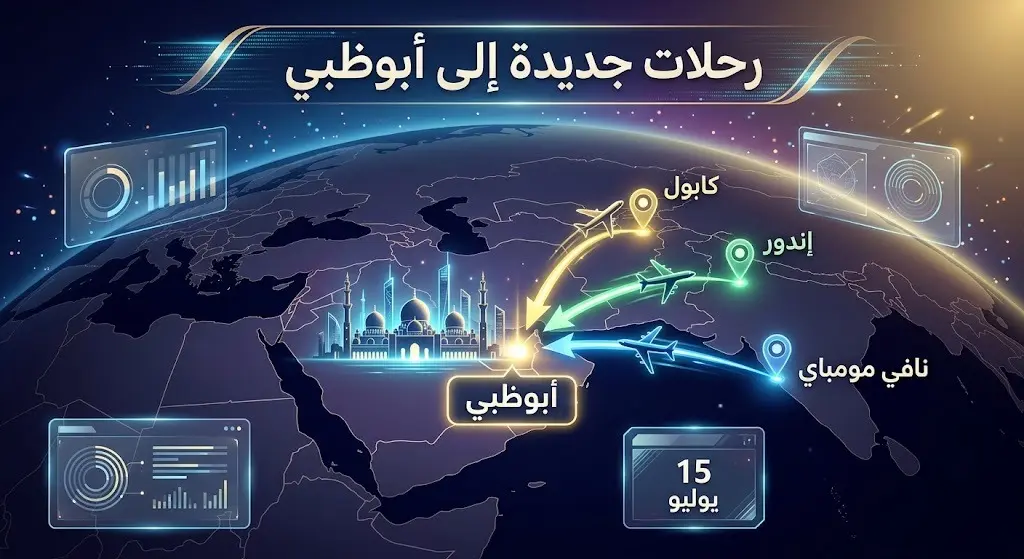 تصميم إنفوجرافيك يوضح مسارات الرحلات الجوية الجديدة باتجاه العاصمة الإماراتية أبوظبي من مومباي وإندور وكابول.