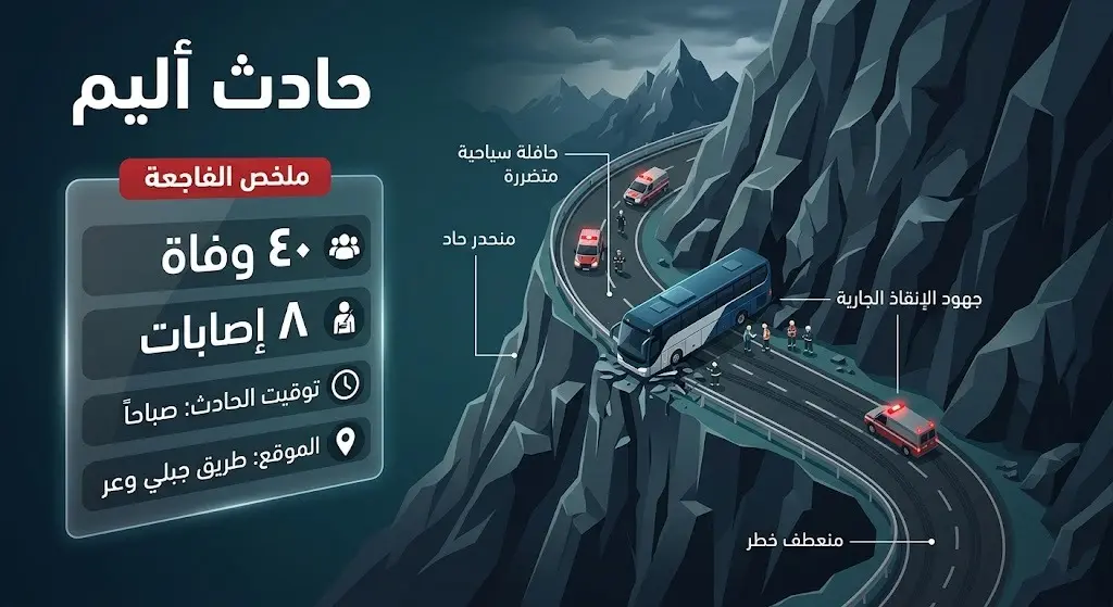 إنفوجرافيك ثلاثي الأبعاد يوضح إحصائيات حادثة سقوط الحافلة في منحدرات ديرة إسماعيل خان بباكستان، مع إبراز حصيلة الوفيات والإصابات.
