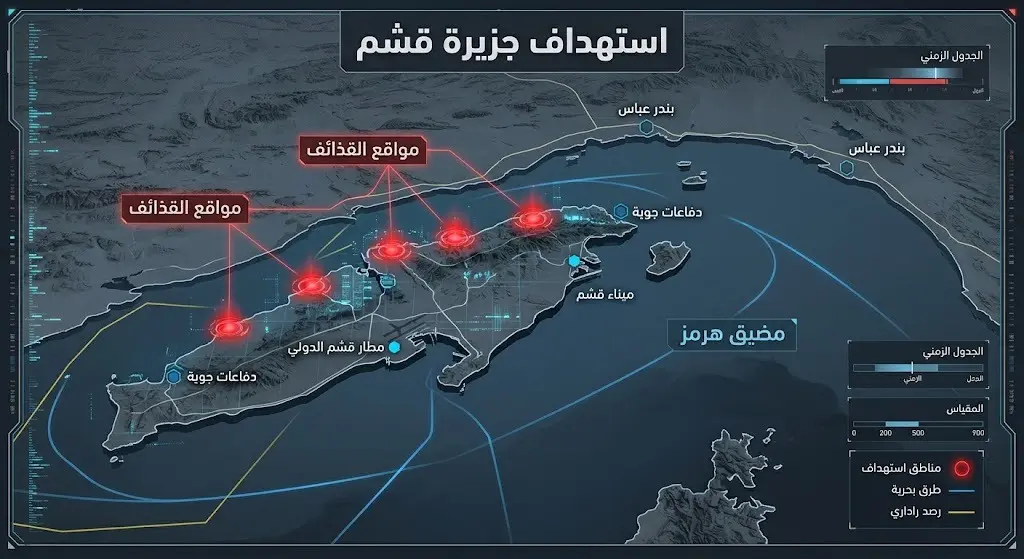 خريطة إنفوجرافيك توضح مواقع سقوط القذائف بالقرب من جزيرة قشم ومضيق هرمز.
