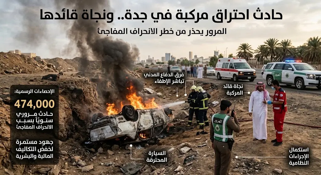 سقوط واحتراق مركبة في جدة ونجاة قائدها.. وتحذير رسمي من خطر الانحراف المفاجئ