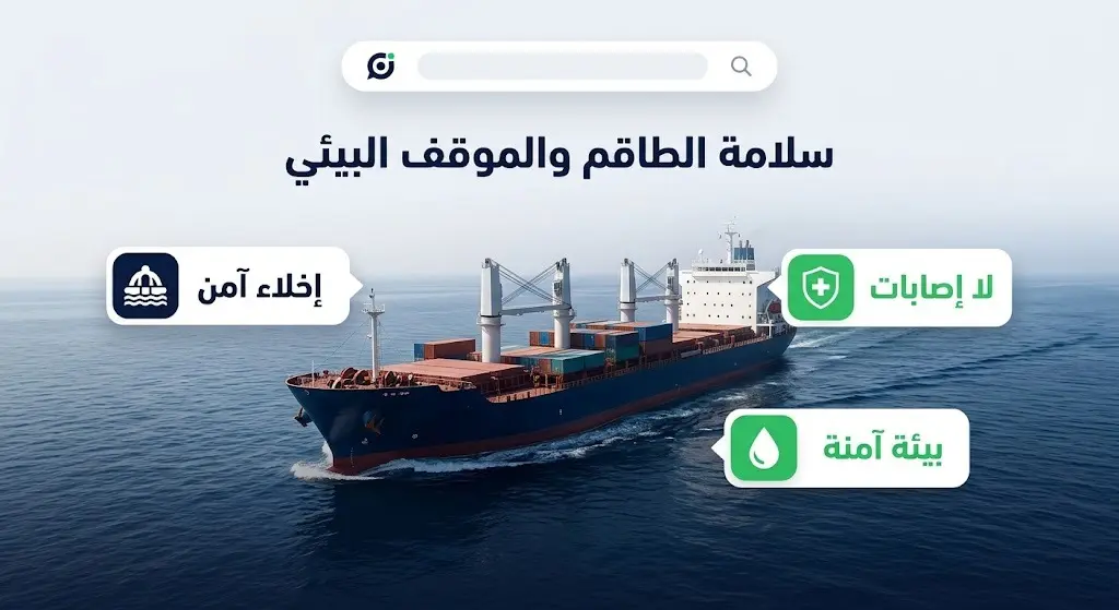 إنفوجرافيك إخباري يوضح تفاصيل إخلاء طاقم السفينة التجارية بأمان وتأكيد استقرار الوضع البيئي في المنطقة البحرية.