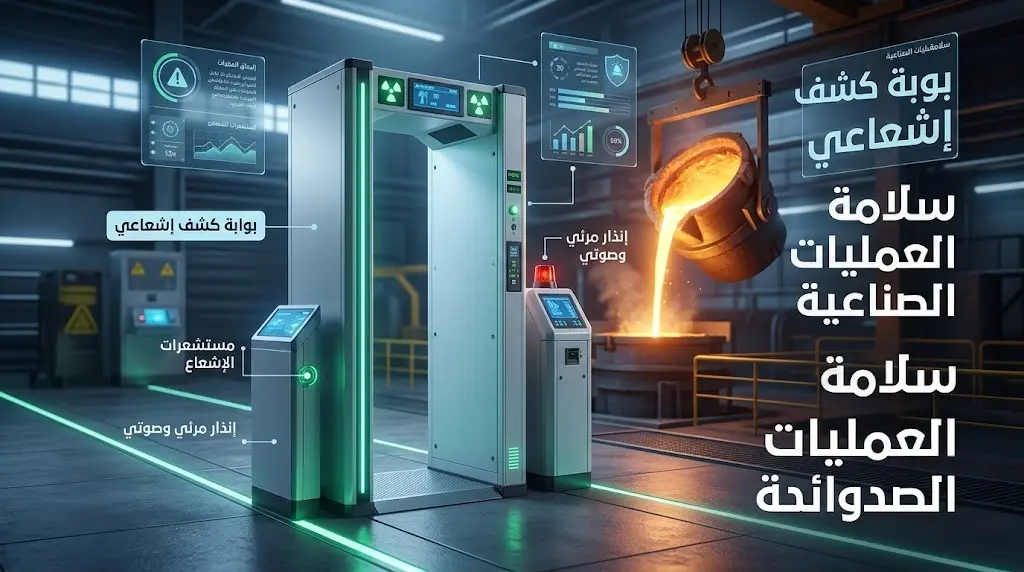 بوابة كشف إشعاعي حديثة داخل منشأة لصهر الحديد تتوهج بإضاءات زرقاء دلالة على الأمان والرقابة، مع خلفية لأفران الصهر