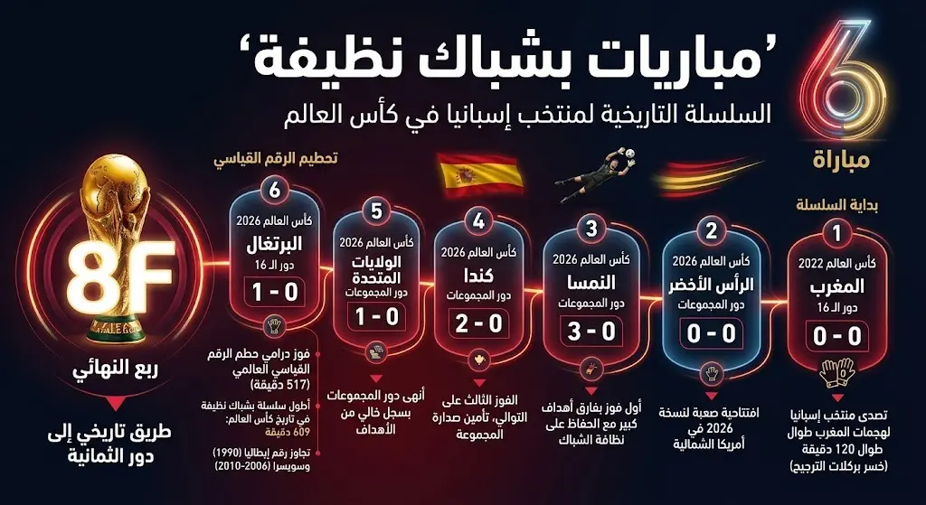 إنفوجرافيك زمني يستعرض سلسلة المباريات الست التي انتصرت فيها إسبانيا في الأدوار الإقصائية والمجموعات دون أن تهتز شباكها.
