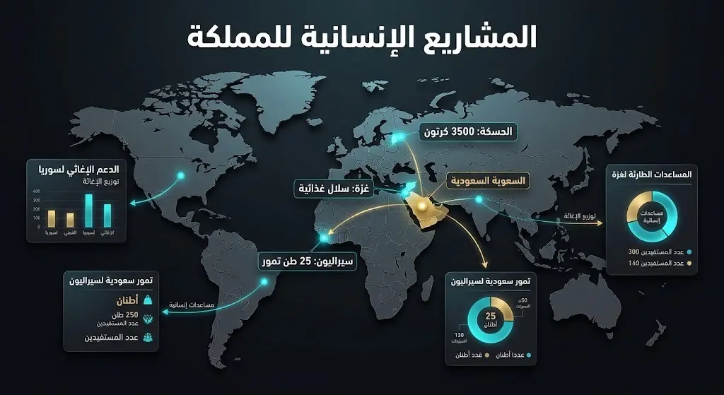 خريطة بصرية وإنفوجرافيك يستعرض سلسلة التدخلات الإنسانية والإغاثية لمركز الملك سلمان في سوريا، غزة، وسيراليون.