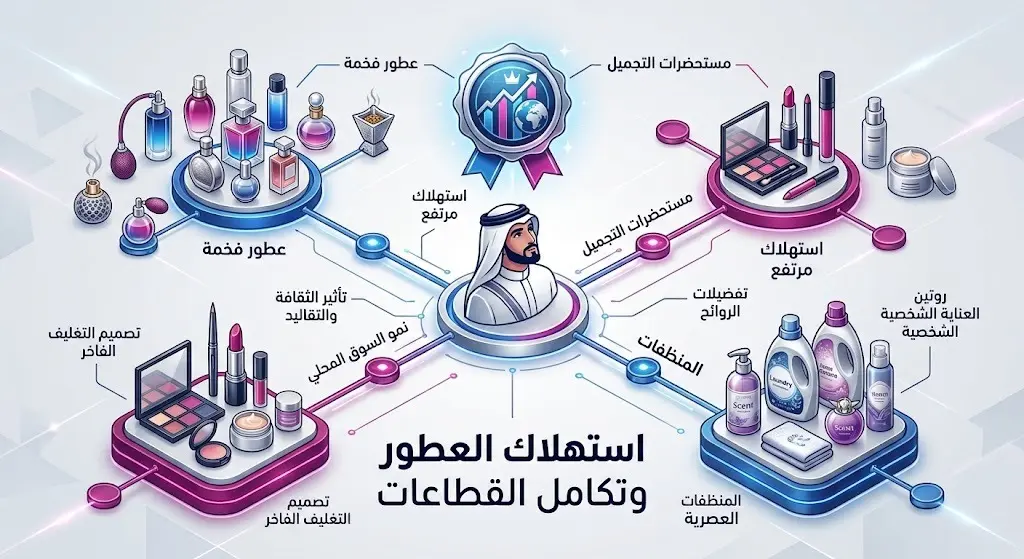 رسم بياني بصري يبرز ارتباط العطور بقطاعات التجميل والمنظفات وارتفاع معدل استهلاك الفرد السعودي عالمياً.
