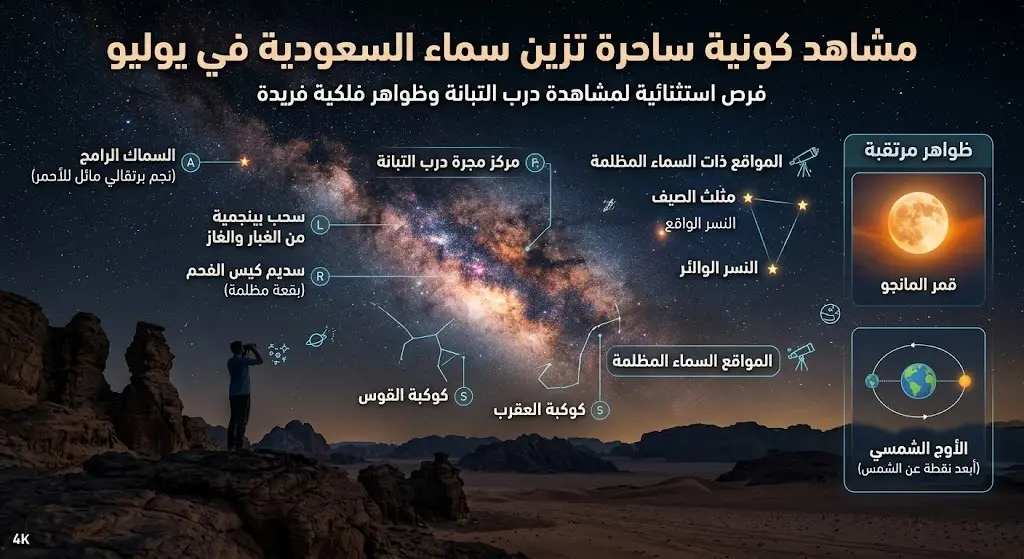 سماء السعودية تتزين بمناظر خلابة لمجرة درب التبانة وتترقب ظهور قمر المانجو والأوج الشمسي