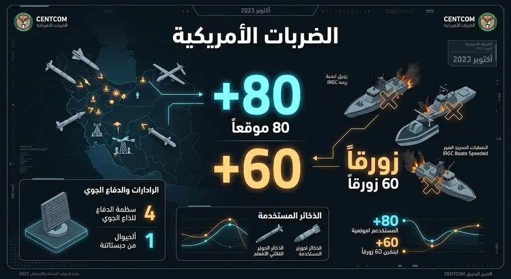 تصميم بياني عسكري يبرز حجم الخسائر الإيرانية إثر هجمات القيادة المركزية الأمريكية التي طالت أكثر من 80 موقعاً و60 زورقاً.