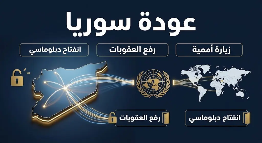 تصميم معلوماتي يجسد عودة سوريا للساحة الدولية، يعرض خريطة سوريا متصلة بشبكة دبلوماسية عالمية مع نصوص عربية بارزة حول رفع العقوبات والانفتاح الدبلوماسي.