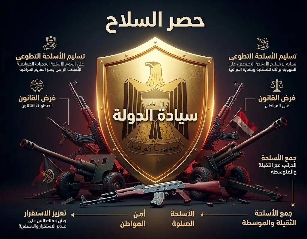 تصميم رمزي يصور سيادة الدولة العراقية وقرار حصر السلاح بيد المؤسسات الرسمية، يظهر درعاً ذهبياً يعبر عن قوة القانون مع نصوص عربية واضحة.