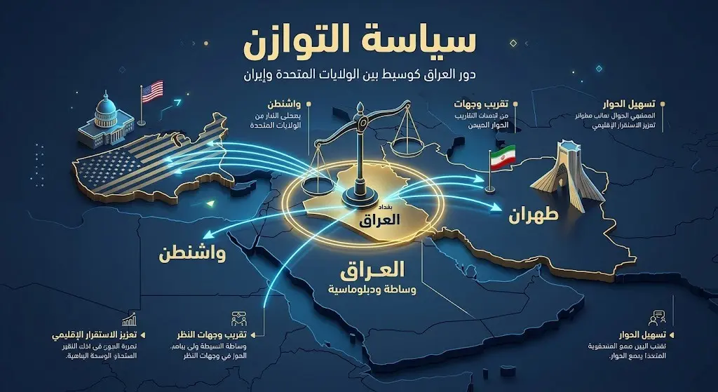 تصميم تعبيري وإنفوجرافيك يوضح سياسة التوازن العراقية ودور بغداد الدبلوماسي بين واشنطن وطهران.