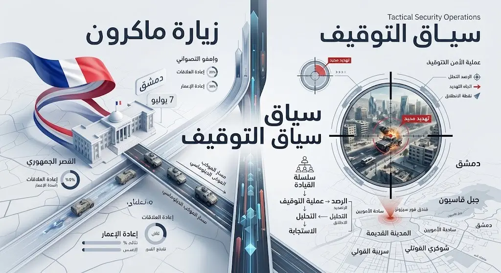 تصميم تحليلي يدمج بين الخريطة الأمنية لدمشق والرموز الدبلوماسية، يوضح سياق توقيف الخلية تزامناً مع زيارة الرئيس الفرنسي.