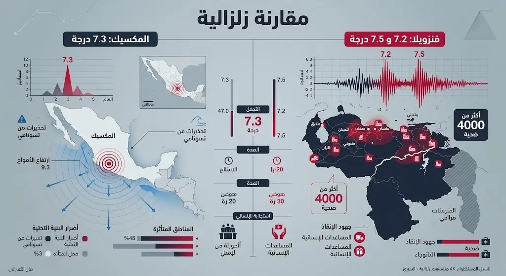 إنفوجرافيك مقارن يبرز التباين بين زلزال المكسيك والزلزال المزدوج المدمر الذي ضرب فنزويلا مؤخراً وخلف آلاف الضحايا.