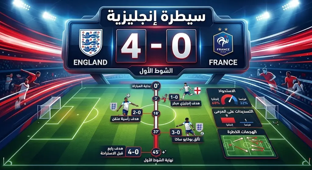تصميم بياني يستعرض تفوق المنتخب الإنجليزي وتسجيله أربعة أهداف نظيفة في الشوط الأول.