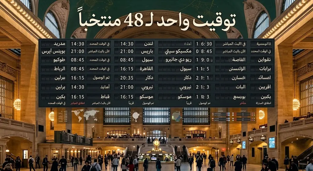 لوحات المغادرة في محطة غراند سنترال تعرض توقيت انطلاق نهائي كأس العالم في مدن المنتخبات الثمانية والأربعين المشاركة.