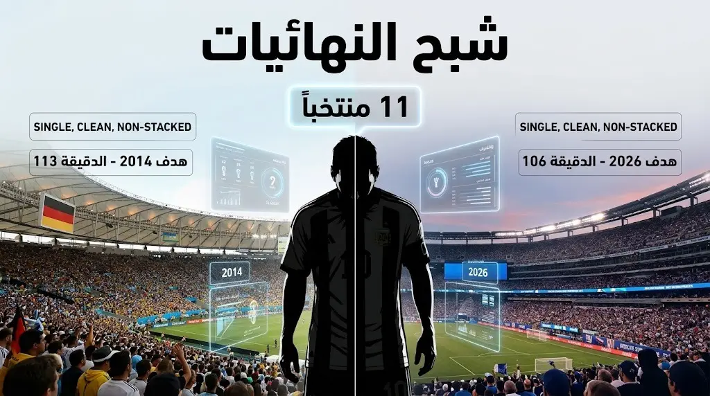 إنفوجرافيك مقارنة يوضح تشابه خسارة الأرجنتين في نهائيي كأس العالم 2014 و2026 عبر أهداف البدلاء في الأشواط الإضافية، مع إبراز رقم ميسي التاريخي.