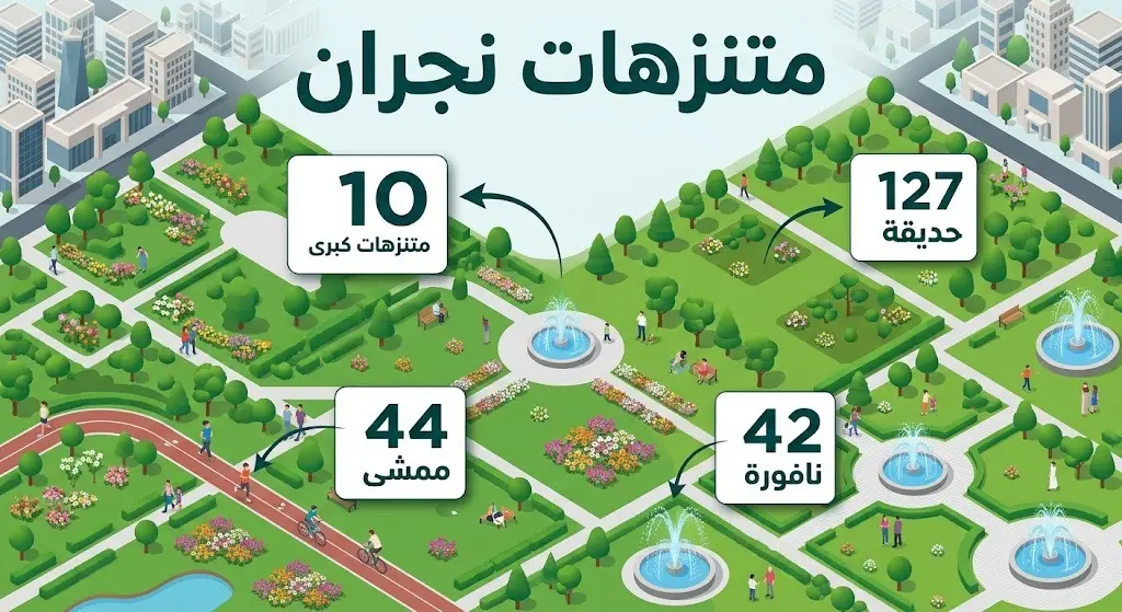 إنفوجرافيك يوضح إحصائيات المتنزهات والمماشي الرياضية في نجران ومساحاتها الخضراء الممتدة
