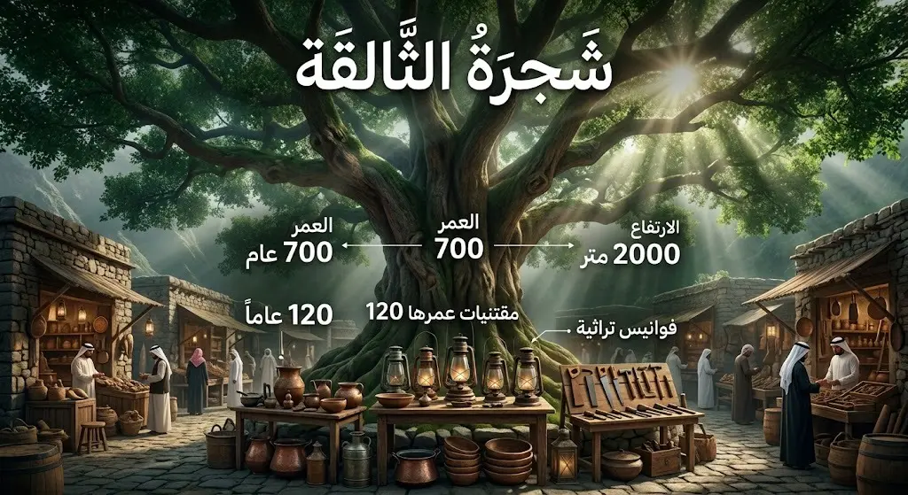 تصميم إبداعي يبرز شجرة التالقة المعمرة التي تتوسط سوق النفيعة، محاطة بالمقتنيات التاريخية التي يتجاوز عمرها 120 عاماً.