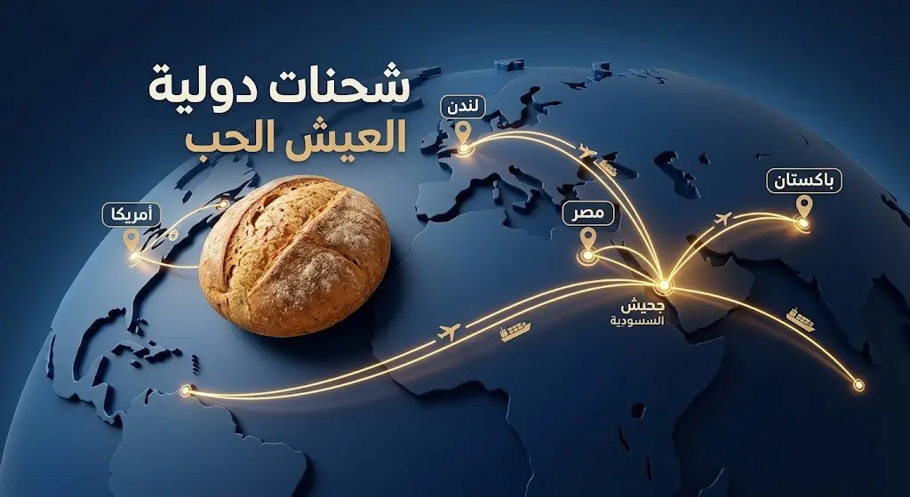 إنفوجرافيك بياني يعرض مسارات الشحن الجوي لمخبوزات فرن الشيخ من جدة إلى وجهات دولية مثل مصر وباكستان ولندن وأمريكا.