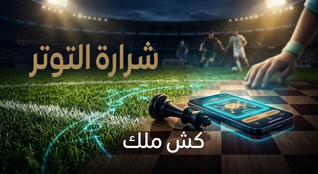 تصميم تعبيري يدمج بين رقعة شطرنج وملعب كرة قدم، مع هاتف ذكي يرمز لرسالة كش ملك التي نشرها لامين يامال