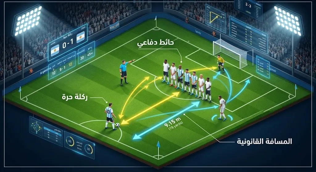 إنفوجرافيك تكتيكي يوضح تمركز اللاعبين في الحائط الدفاعي وتوجيهات الحكم البرتغالي لضبط المسافة القانونية خلال الركلة الحرة.